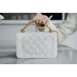 𝗖𝗛𝗔𝗡𝗘𝗟✦ Italian lychee grain calfskin 𝟮𝟐𝑲 New Chain 𝐦𝐢𝐧𝐢 𝐰𝐨𝐜 Cell Phone Bag White