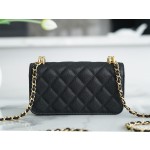 𝗖𝗛𝗔𝗡𝗘𝗟✦𝟮𝟐𝑲 Adjustable Gold Bead Buckle Double C𝗹𝗼𝗴𝗼 Embossed Genuine Leather Small Gold Column woc Adjustable Buckle Black