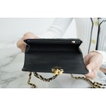 𝗖𝗛𝗔𝗡𝗘𝗟✦𝟮𝟐𝑲 Adjustable Gold Bead Buckle Double C𝗹𝗼𝗴𝗼 Embossed Genuine Leather Small Gold Column woc Adjustable Buckle Black