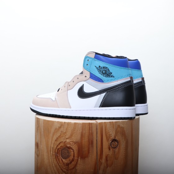 Air Jordan 1 beige, white, blue and black colour blocked