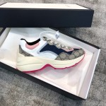 Gucci canvas cowhide interspersed with pink leather stripes trimmed poppet shoes pink spelling