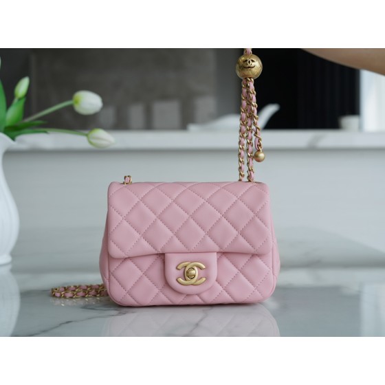 𝗖𝗛𝗔𝗘𝗡𝗟✦ Metal Ball Square Fatty Genuine Leather Peach Powder