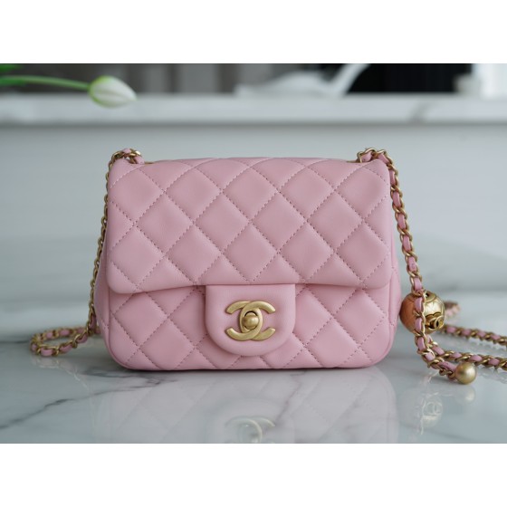 𝗖𝗛𝗔𝗘𝗡𝗟✦ Metal Ball Square Fatty Genuine Leather Peach Powder