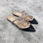 Valentino VT Collection Three Strap Flat Heel Slipper Patent Leather Black