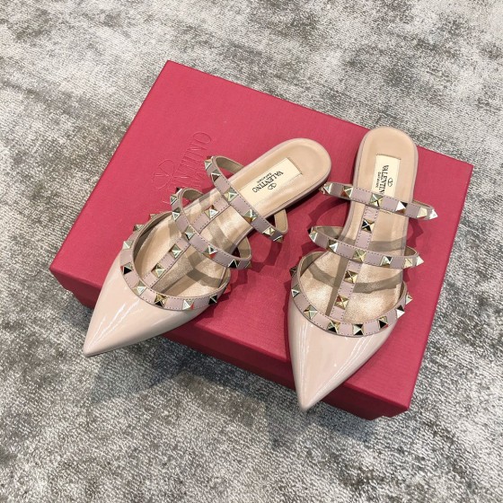 Valentino VT Collection Three Strap Flat Heel Slipper Patent Leather Nude Pink