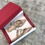 Valentino VT Collection Three Strap Flat Heel Slipper Patent Leather Nude Pink