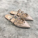 Valentino VT Collection Three Strap Flat Heel Slipper Patent Leather Nude Pink
