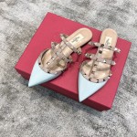 Valentino VT Collection Three Strap Flat Heel Slipper Patent Leather Blue