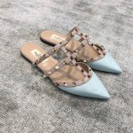 Valentino VT Collection Three Strap Flat Heel Slipper Patent Leather Blue