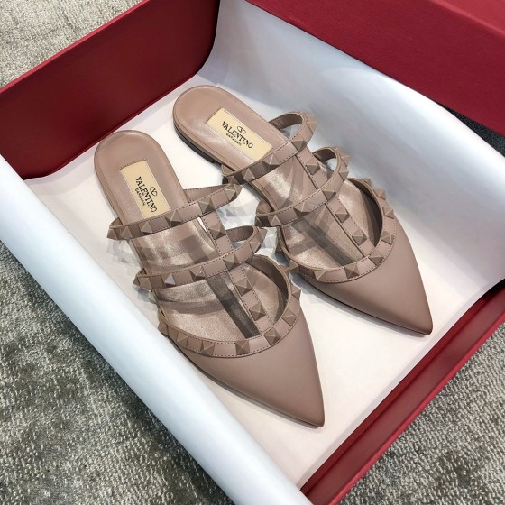 Valentino VT Three Strap Flat Heel Slipper Nude Pink