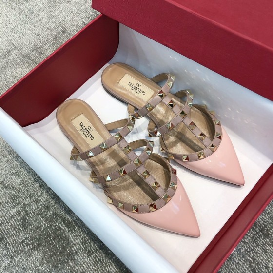 Valentino VT Collection Three Strap Flat Heel Slipper Patent Leather Pink