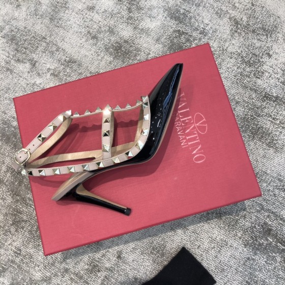 Valentino VT Collection Two Strap Mid Heel 10cm Patent Leather Black