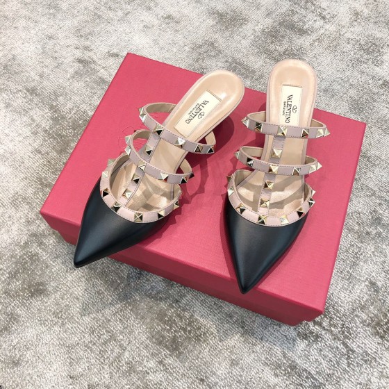 Valentino VT Collection Triple Strap Mid Heel Flip Flop 6.5CM Black Nude Strap