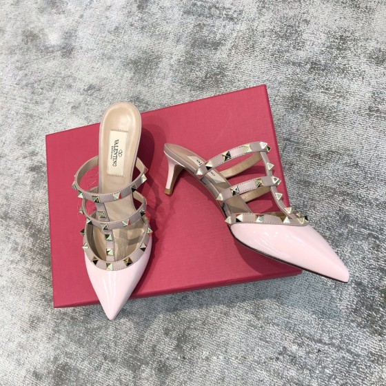 Valentino VT Collection Triple Strap Mid Heel Slipper 6.5CM Patent Leather Pink