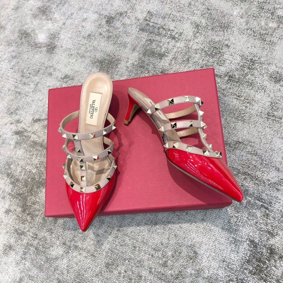 Valentino VT Collection Triple Strap Mid Heel Slipper 6.5CM Patent Leather Red