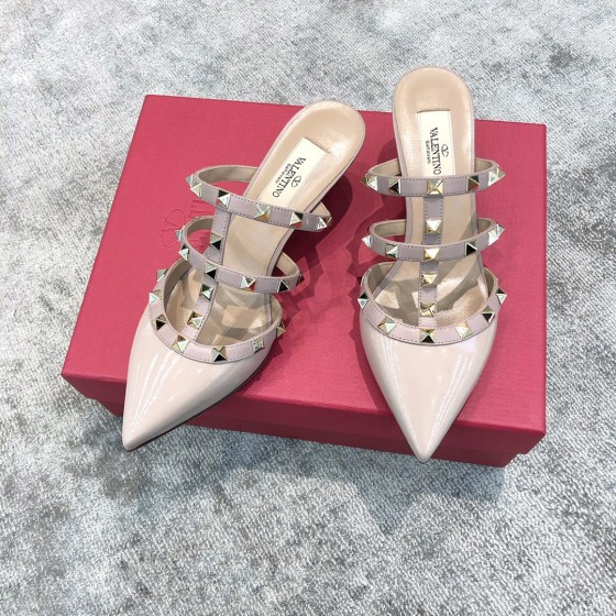 Valentino VT Collection Triple Strap Mid Heel Slipper 6.5CM Patent Leather Nude Pink