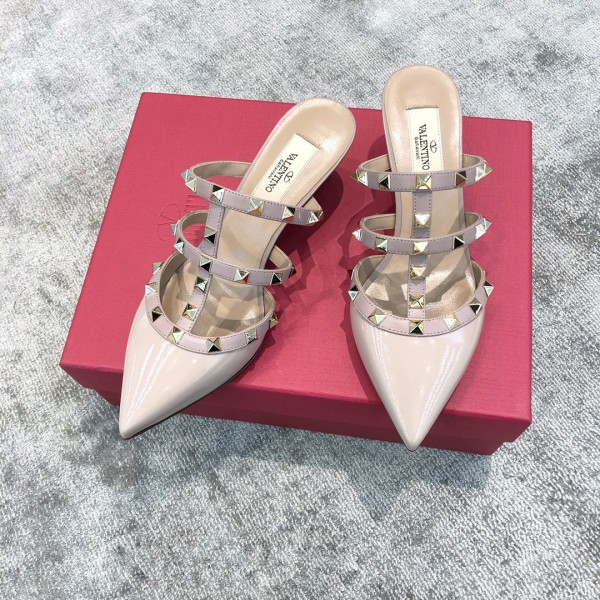 Valentino VT Collection Triple Strap Mid Heel Slipper 6.5CM Patent Leather Nude Pink