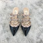 Valentino VT Collection Triple Strap Mid Heel Slipper 6.5CM Patent Leather Black