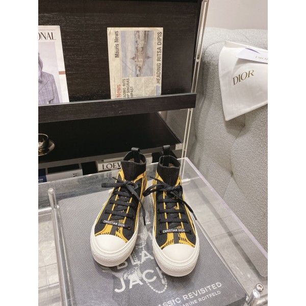 DIOR Rattan Check Casual High Top Board Shoes Fashion Board Shoes Yellow Black