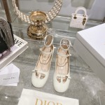 DIOR Retro Fashion Cutout Double Buckle Chunky Heel Mary Jane Shoes 3.5cm Beige