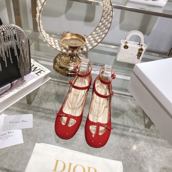 DIOR Retro Fashion Cutout Double Buckle Chunky Heel Mary Janes 6.5cm Big Red