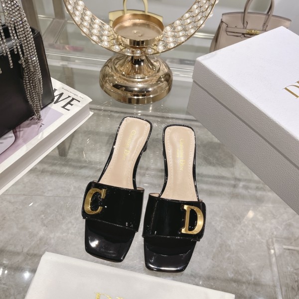 DIOR 2023 New early spring sandals Imported cow patent leather ➕ Korean suede Sheepskin lining 4.5cm Black