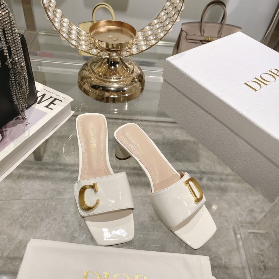 DIOR 2023 new early spring sandals Imported cow patent leather ➕ Korean velvet Sheepskin lining 4.5cm White