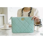 𝗖𝗛𝗔𝗘𝗡𝗟✦ Classic 19 Collection Imported Channel Special Lambskin🐑 Carry-on Clutch Tiffany Blue