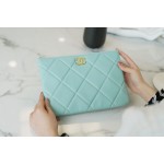 𝗖𝗛𝗔𝗘𝗡𝗟✦ Classic 19 Collection Imported Channel Special Lambskin🐑 Carry-on Clutch Tiffany Blue