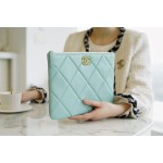 𝗖𝗛𝗔𝗘𝗡𝗟✦ Classic 19 Collection Imported Channel Special Lambskin🐑 Carry-on Clutch Tiffany Blue