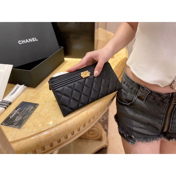 𝗖𝗛𝗔𝗘𝗡𝗟✦ Imported channel special fine grain embossed calfskin 🐂 Leboy Collection Zipper Clutch | Classic Black Gold 👑