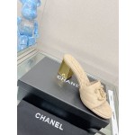 CHANEL 23Ss new diamond check chain double C buckle metal heel slippers sheepskin lining