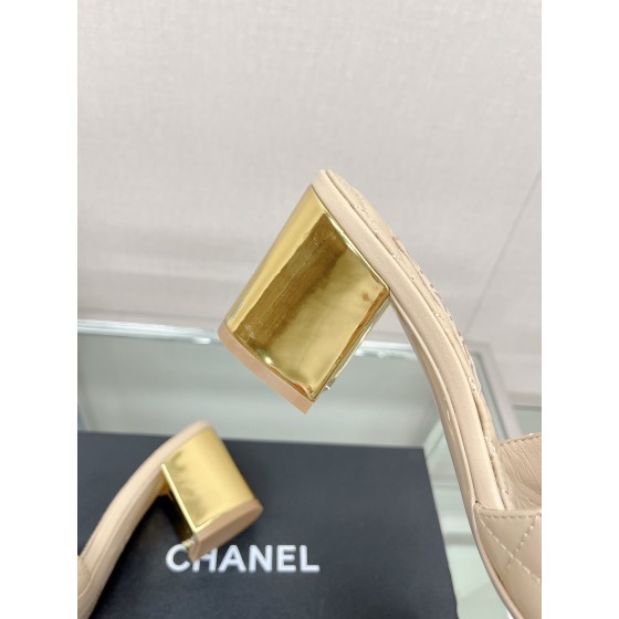 CHANEL 23Ss new diamond check chain double C buckle metal heel slippers sheepskin lining