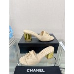CHANEL 23Ss new diamond check chain double C buckle metal heel slippers sheepskin lining