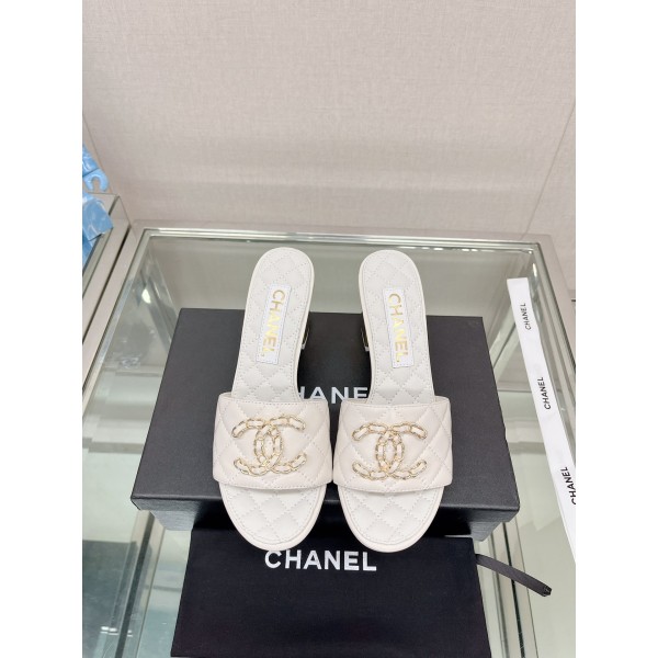 CHANEL 23Ss new diamond check chain double C buckle metal heel slippers sheepskin lining