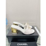 CHANEL 23Ss new diamond check chain double C buckle metal heel slippers sheepskin lining