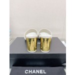 CHANEL 23Ss new diamond check chain double C buckle metal heel slippers sheepskin lining
