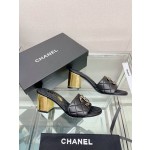 CHANEL 23Ss new diamond check chain double C buckle metal heel slippers sheepskin lining
