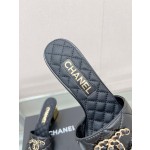 CHANEL 23Ss new diamond check chain double C buckle metal heel slippers sheepskin lining