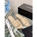CHANEL 23Ss new diamond check chain double C buckle metal heel slippers sheepskin lining
