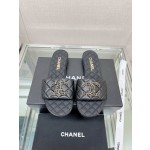 CHANEL 23Ss new diamond check chain double C buckle metal heel slippers sheepskin lining
