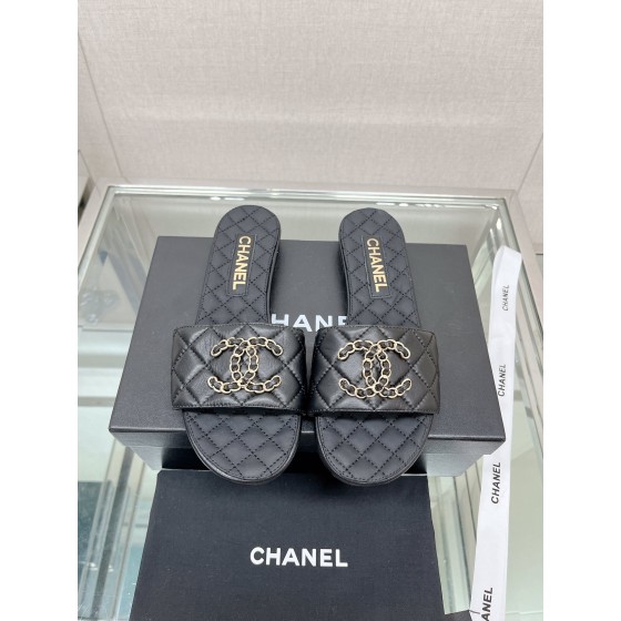 CHANEL 23Ss new diamond check chain double C buckle metal heel slippers sheepskin lining