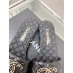 CHANEL 23Ss new diamond check chain double C buckle metal heel slippers sheepskin lining