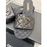 CHANEL 23Ss new diamond check chain double C buckle metal heel slippers sheepskin lining