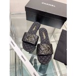 CHANEL 23Ss new diamond check chain double C buckle metal heel slippers sheepskin lining