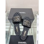 CHANEL 23Ss new diamond check chain double C buckle metal heel slippers sheepskin lining