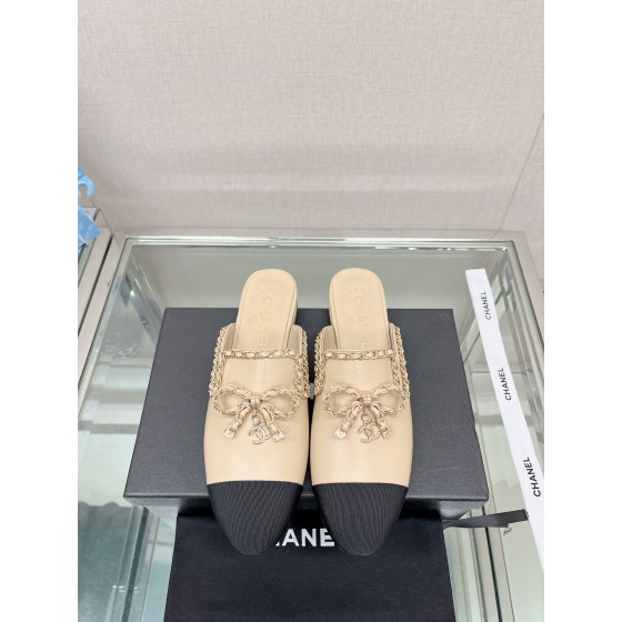 CHANEL 23Ss new chain bow half dragging mule shoes imported lambskin