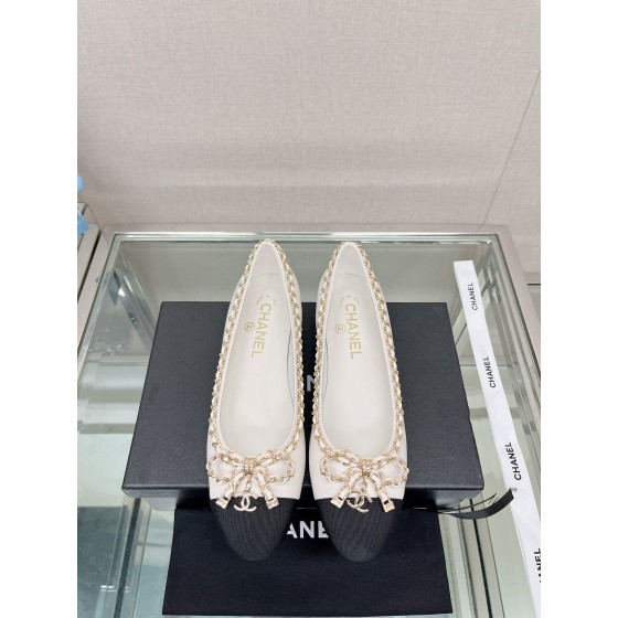 CHANEL 23Ss chain bow flat single shoes imported lambskin sheepskin lining