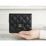 𝗖𝗛𝗔𝗘𝗡𝗟✦ 𝗖𝗹𝗮𝘀𝗶𝗰 𝗙𝗹𝗮𝗽 France 🇫🇷 Imported [HASS] Original Calfskin 🐂 Classic Trifold Wallet Black Gold