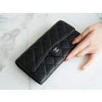 𝗖𝗛𝗔𝗘𝗡𝗟✦ 𝗖𝗹𝗮𝘀𝗶𝗰 𝗙𝗹𝗮𝗽 Using Italian 🇮🇹 import "𝗚𝗥" original lambskin 🐑 classic two fold long clip black cow silver